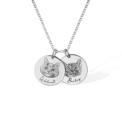 Custom Engraved Portrait Pet Photo Necklace with 1-5 Disc Charms and Names, Birthday Memorial Gift for Pet Lovers