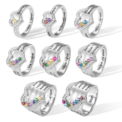 Personalized Name Heart Ring with 1-8 Birthstones, Sterling Silver Family Ring, Birthday/Christmas/Mother's Day Gift for Wife/Mom/Grandma