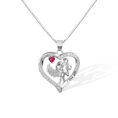 Personalized Name Heart Necklace with Birthstone, Angel Pendant Jewelry, Mother and Child Necklace, Gift for Mother/Grandma/Wife