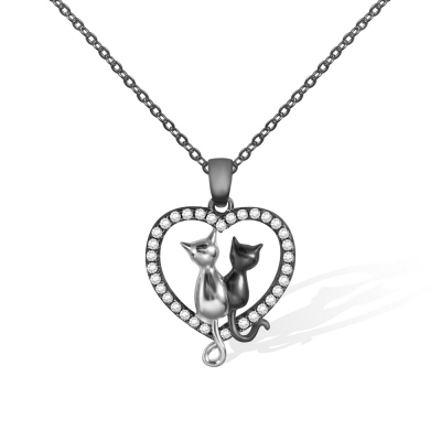 Custom Cat Pendant Necklace, Love Heart Necklace with Two Cats, Sterling Silver Cat Necklace, Gift for Girlfriend/Wife/Mother
