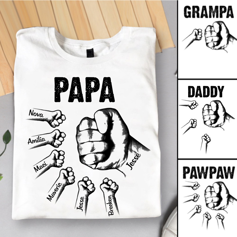 Custom Dad/Grandpa Shirt with Name, Grandpa with Grandkids Hand to Hands Shirt, Cotton T-shirt, Birthday/Father's Day Gift for Dad/Grandpa