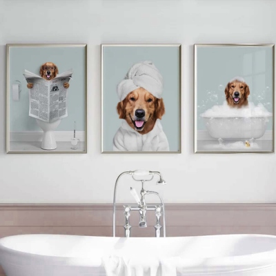 Retratos de mascotas personalizados Juego de 3, Retrato divertido de perro o gato, Mascota en la bañera, Perro en el baño, Arte del baño de la mascota, Regalo de mascota personalizado para la mamá del perro