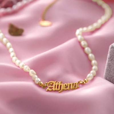 Personalized Name Pearl Necklace, Old English Gothic Style Jewelry, Pearl Bead Chain Name Necklace, Bridesmaid Jewelry, Mother's Day Gift for Her