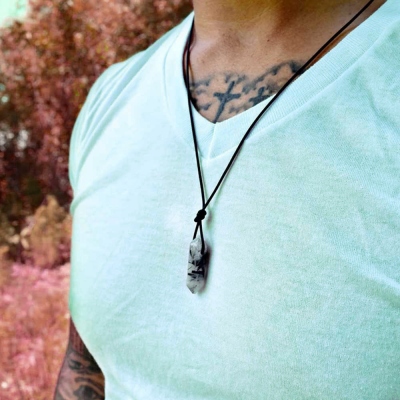 Rutilated Quartz Necklace, Men's Crystal Necklace, Leather Chain Necklace, Adjustable Necklace, Gift for Men/Boyfriend/Father