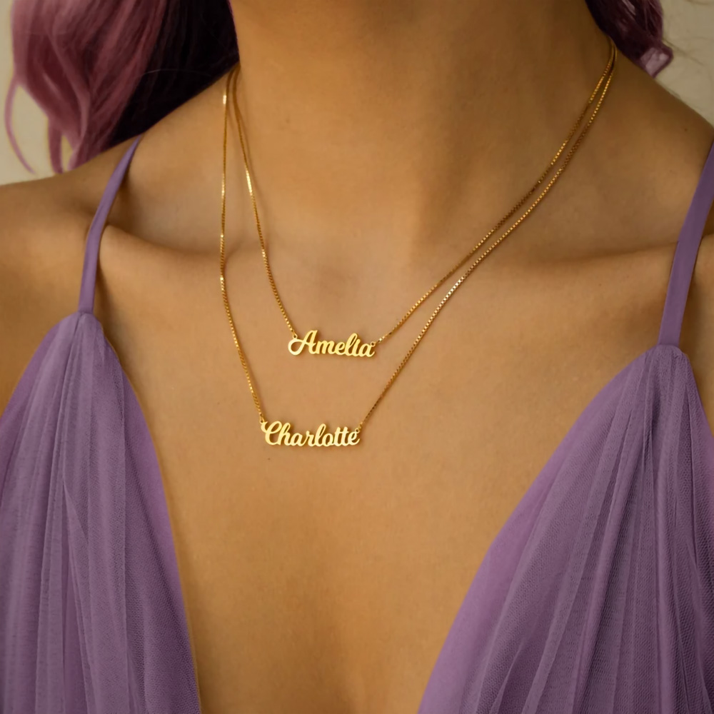 Colar de nome personalizado colar de corrente dupla com nome, colar em camadas minimalista conjunto de 2, presente de joias com nome de caligrafia para ela