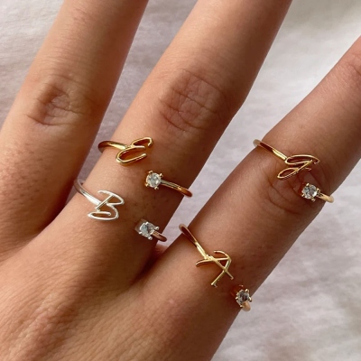 Custom Initial & Birthstone Ring, Stainless Steel/Sterling Silver 925 Adjustable Ring, Stackable Jewelry, Gift for Women/Bridesmaid/Mother/Sister