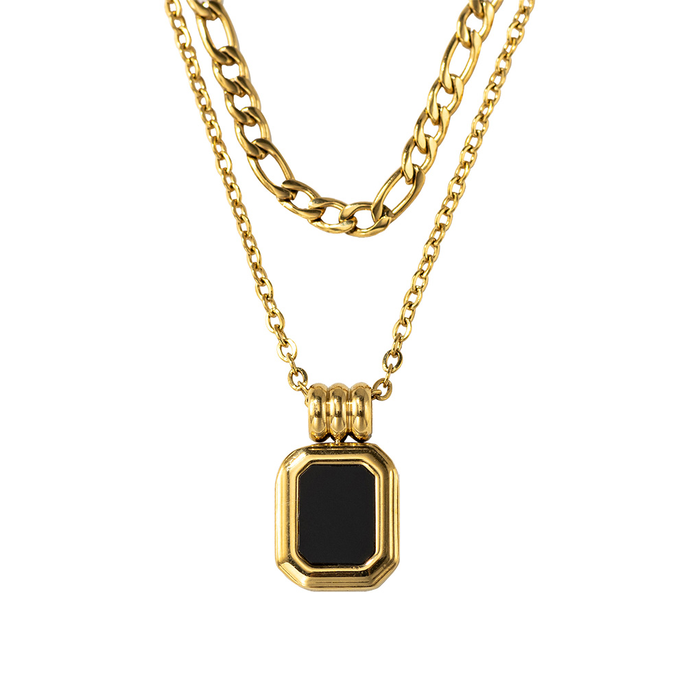 Colar em camadas estilo vintage com pingente de pedra preciosa preta, colar multicamadas de aço inoxidável, presente de joias para mulheres adolescentes