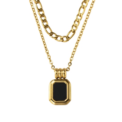 Vintage Style Layered Necklace with Black Gemstone Pendant, Stainless Steel Multi-layer Necklace, Jewelry Gift for Women Teen Girls