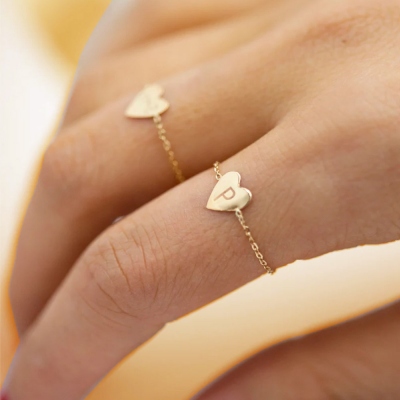 Little Heart Chain Ring, Personalized Heart Chain Ring, Dainty Chain Ring,  Gift for Her/Friend/Girl