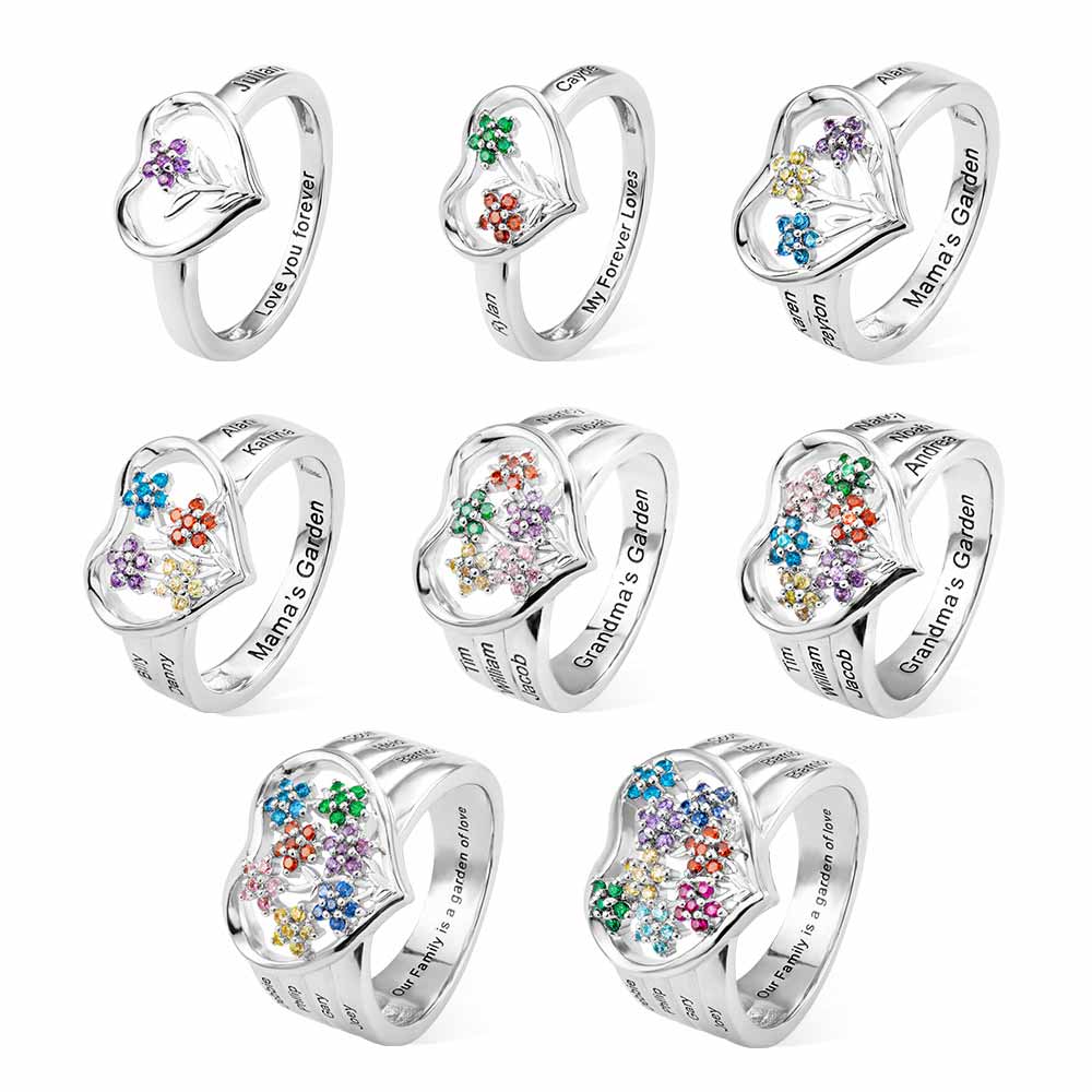 Custom 1-8 Birthstone Flower Ring with Engraving, Our Family Is A Garden Of Love Heart Ring, Flower Design Garden Family Ring for Grandmother/Mother