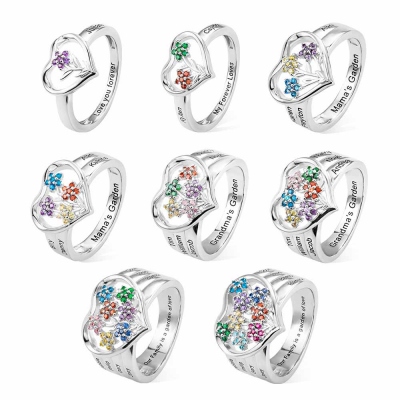 Custom 1-8 Birthstone Flower Ring with Engraving, Our Family Is A Garden Of Love Heart Ring, Flower Design Garden Family Ring for Grandmother/Mother