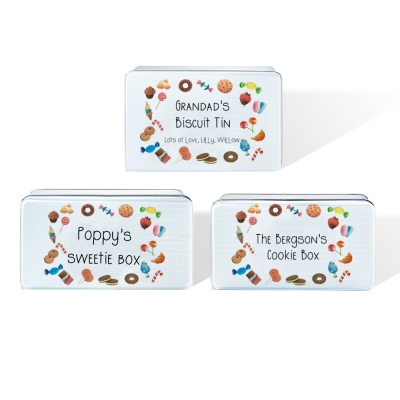 Personalized Biscuits Tin with Cute Candy Dessert Pattern, Cookie Jar Sweet Box Storage Tin Gifts for Grandad/Grandma/Nana/Mum/Dad