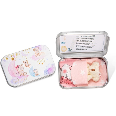 A Little Pocket Bear, Custom Stuffed Bear in a Tin, Pink Unicorn/Blue Dinosaur Quilt, Worry Doll Cute Fun Bear Pocket Hug Gift