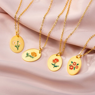 Custom Enamel Birth Flower Necklace with Name, Flower Engraved Charm Pendant in Gold, Birthday/Mother's Day Gift for Wife/Mom/Girlfriend/Daughter