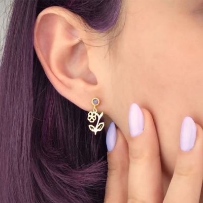 Birth Flower with Birthstone Earrings, Personalized Stud Earrings, Birthday Flower Earrings, Birthstone Earrings, Birthday Gifts for Her/Mom