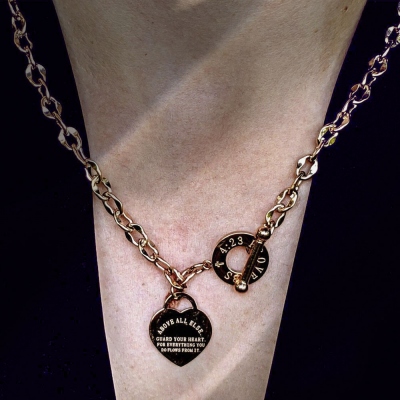 Personlig Chunky Heart Charm T Bar Toggle Halsband och armband, Motiverande present, Minnespresent till henne, födelsedag/examen/Alla hjärtans dag presenter