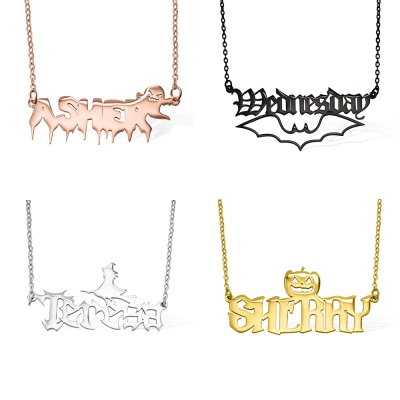 Nom personnalisé collier gothique bijoux, mercredi collier W pour filles/femmes, fantôme citrouille sorcière Style, pendentif Dainty, cadeau d’Halloween