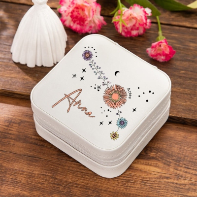 Boîte à bijoux personnalisée Constellation florale du zodiaque, étui à bijoux de voyage, boîte-cadeau de bijoux, cadeau d'anniversaire/fête des mères/mariage pour maman/mariée/demoiselle d'honneur