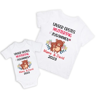 Unser erstes Set für Mutter und Baby zum Muttertag, individuell gestalteter Tier-/Muster-Babysuit und Mama-T-Shirt, personalisiertes T-Shirt und Babyromper, Geschenk für neue Mütter