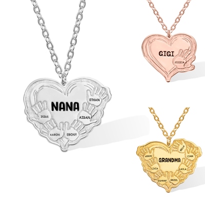 Custom Name Handprint Family Necklace, Heart Necklace, Sterling Silver 925/Brass Necklace, Mother's Day Gift, Gift for Mom/Grandma