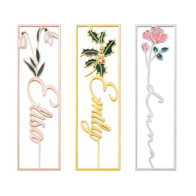 Marcador de nombre de flor de nacimiento personalizado, marcadores de acero inoxidable de flores de cumpleaños coloridos, regalos para niños/amantes de libros/lector