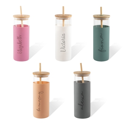 Gobelet en verre personnalisé avec gobelet à café glacé en paille Gobelet en verre avec couvercle en bambou, gobelet en verre avec manchon en silicone