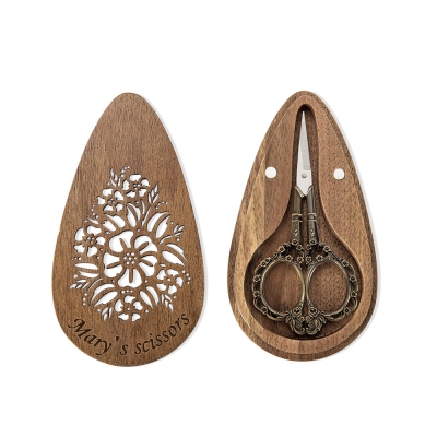Custom European/Stork Style Scissor with Engraved Wood Magnetic Box, Vintage Art Embroidery Sewing Scissors, Birthday/Mother's Day Gift for Women