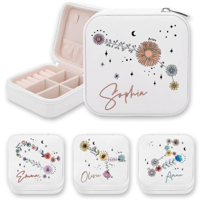 Custom Zodiac Floral Constellation Jewelry Box, Travel Jewelry Case, Jewelry Gift Box, Birthday/Mother's Day/Wedding Gift for Mom/Bride/Bridesmaid
