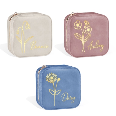 Birth Flower Jewelry Travel Case, Personalized Birthday Gift, Custom Velvet Jewelry Box, Gifts for Wedding/Bridesmaid/Mom/Women, Buy More Save More
