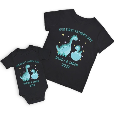 Chemise parent-enfant personnalisée avec nom de dinosaure, chemise de notre première fête des pères, body en coton pour père et bébé, cadeau d'anniversaire/père pour papa/grand-père