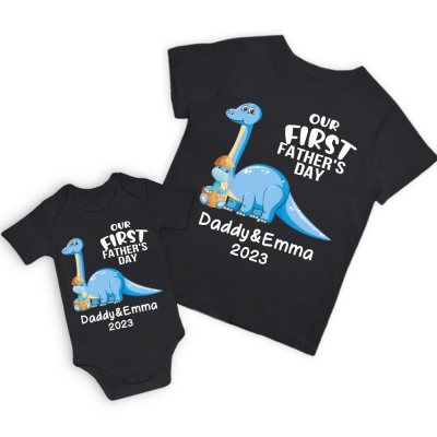 Nom de Brachiosaurus personnalisé T-shirts parent-enfant, notre première chemise de fête des pères, chemises assorties en coton père et bébé, cadeau pour papa/grand-père