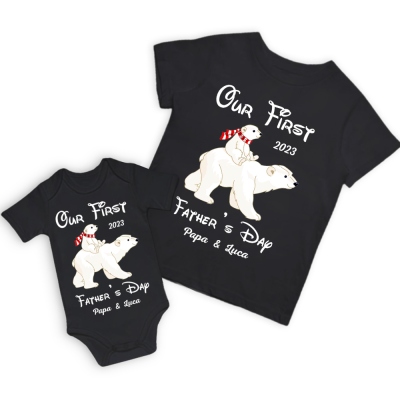 Ours polaire personnalisé T-shirt et barboteuses pour bébé, notre première chemise de fête des pères, cadeau de famille, chemise assortie en coton, cadeau de fête des pères, cadeau pour papa/bébé