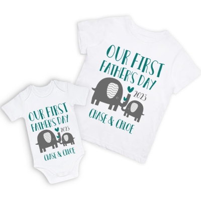 Chemises personnalisées parent-enfant éléphant, notre première chemise de fête des pères, chemise éléphant, chemises assorties en coton père et bébé, cadeau pour papa/grand-père