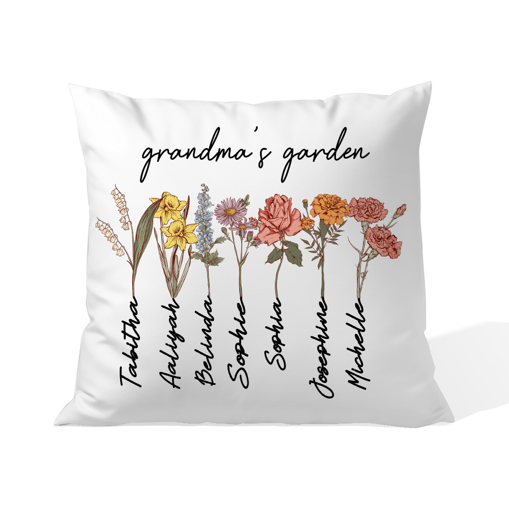 Custom Grandma's Garden Pillow Cover with Grandkids Names, Personalized Birthflower Pillowcase, World's Best Grandma Gifts,  Family Name Pillowcase