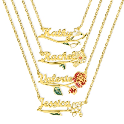Personalized Name Birth Flower Necklace, Birth Flower Pendant Necklace, Dainty Name Necklace, Birth Flower Jewelry, Gift for Her/Women/Wife/Girlfriend