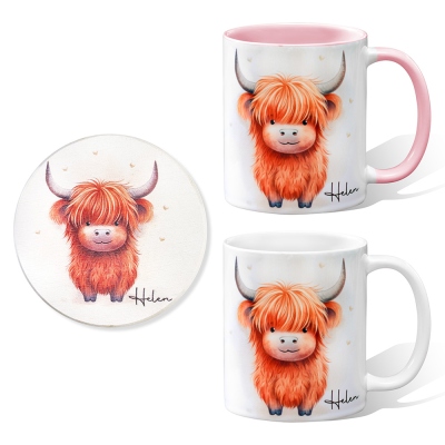 Custom Highland Cow Mug with Coaster, 11oz Fluffy Cow Mug, Birthday/Anniversary/Christmas/Housewarming Gift for Highland Cow Lovers/Family/Friends