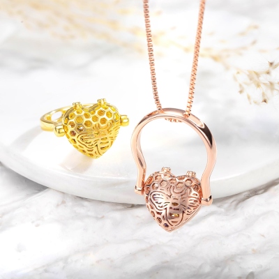 Custom Engraved Heart Locket Ring&Necklace with Birthstone, Honeycomb Heart Ring, Photo Locket Necklace, Heart Necklace with Bee, Gift for Women/Mom