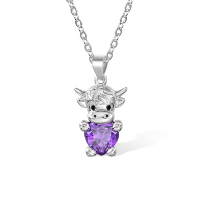 Custom Birthstone Highland Cow Necklace, Cow Necklace, Sterling Silver 925 Necklace, Cow Stuffed Jewelry, Birthday Gifts for Girls/Daughter/Girlfriend