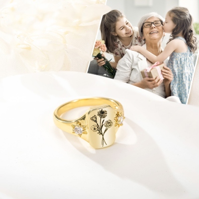 Custom Birth Flowers Signet Ring, Sterling Silver Birth Flowers Bouquet Zircon Family Ring, Birthday/Mother's Day/Valentine's Day Gift for Women