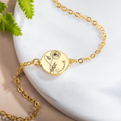 Custom Name & Birth Flower Bracelet, Sterling Silver 925/Brass Bracelet, Women's Jewelry, Mother's Day Gift, Birthday Gift for Her, Bridesmaid Gift