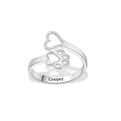 Custom Name Engraved Pet Ring, Paw Print Love Heart Name Ring, Memorial Jewelry, Sterling Silver 925 Adjustable Open Ring, Gift for Pet Lover/Owner
