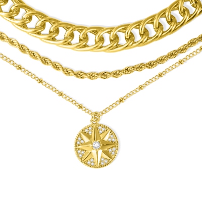 Coin Layer Necklace Set, Dainty Choker Chain Necklace with Compass Pendant, Multilayer Disc Necklace, Jewelry for Women