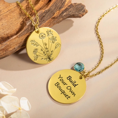 "Build Your Own Bouquet" Personalized Combined Birth Month Flower Name Necklace, Gifts for Women Mom Grandma Sisters Friend, Floral Coin Jewelry