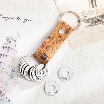 Custom Passport Keychain & Country Tokens Bundle, Vegan Leather Keychain with Multiple Brass Charms, Travel Keepsake, Gift for Family/Friend/Lover
