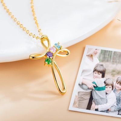 Custom Family Birthstone Cross Pendant Necklace, Personalized Sterling Silver 925/Stainless Steel Jewelry, Birthday/Anniversary Gift for Women/Girls