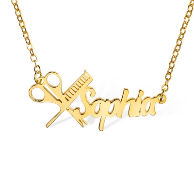 Personalized Hairdresser Name Necklace, Scissors and Comb Necklace, Nameplate Necklace, Gift for Hairdressers/Hairstylists/Barbers