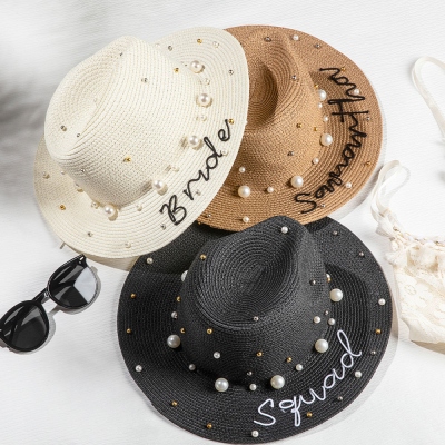 Custom Straw Bridal Pearl Hats, Personalized Sun Hats, Straw Sun Hats with Pearls, Bachelorette Hats with Names, Bridesmaid Hats, Gift for Her