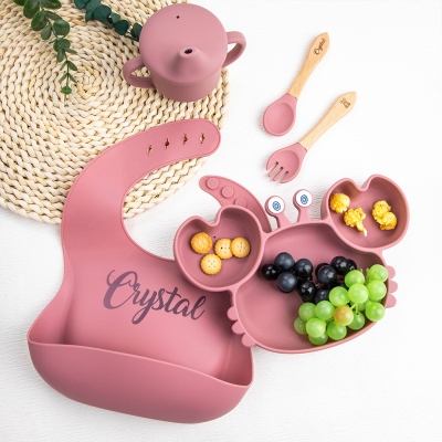 Personalized Engraved Crab Suction Plates for Baby, Silicone Bib & Bowl, Baby Feeding Set, Baby Led Weaning Supplies, New Baby/Kid/Toddler Dinnerware