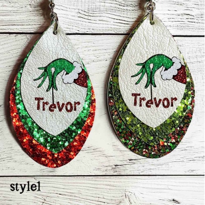 Custom Name Green Monster Earrings, Glitter Earrings, Triple Layer Earrings, Faux Leather Earrings, Christmas Accessory, Christmas Gift for Her/Friend