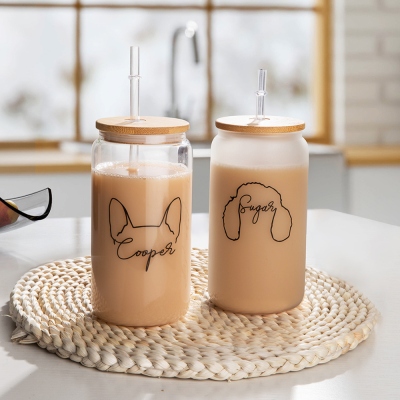 Personalized Dog Ear Glass with Name, Custom 16 Oz Glass Can with Bamboo Lid and Straw, Water/Coffee Glass Cup, Dog Mom/Dad Gift, Gift for Pet Lovers